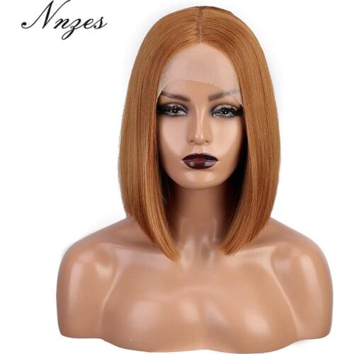 NNZES 12inches Synthetic Wigs Lace Front Short Straight Brown Middle Part Wigs for Women Black Highlight Color Cosplay Hair