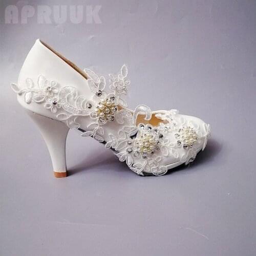 Luxury ivory lace crystal wedding shoes bride handmade plus size platforms slip-on ladies girl party dancing bridal banquet shoe