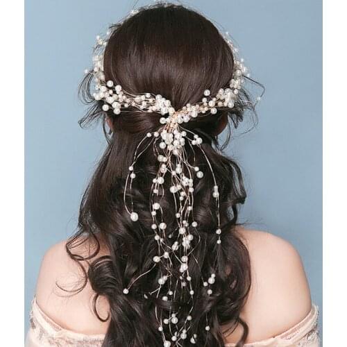 Luxury Long Simulated Pearl Gold Wedding Hair Accessories Headband Bridal Tiara Hairbands Crown Headpiece Bride Hair Jewelry