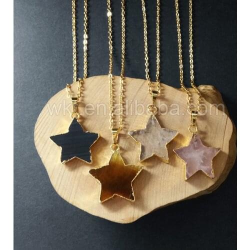 WT-N780 Exclusive Natural Stone Star shape Necklace raw rose stone pendant black stone in 24k gold strim Fashion star necklace