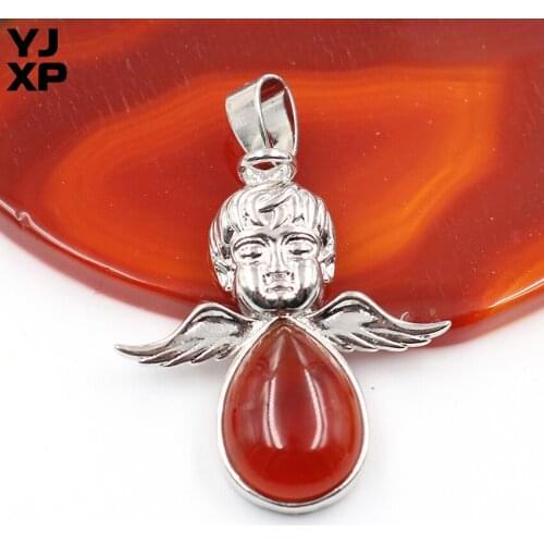 YJXP Classic Silver Plated Water Drop Red Agates Cute Angel Pendant For Gift Jewelry