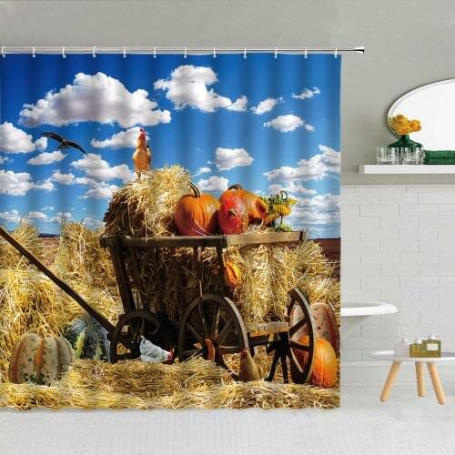 Farmhouse Animal Farm Scenery Shower Curtain Chicken Pumpkin Blue Sky Bathroom Decor Cow Sheep Easter Waterproof Fabric Curtains