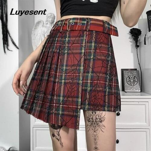 Gothic Dark Red Plaid Lady Sexy Mini Skirt Summer Women High Waist Cobweb Midi Irregular Skirts Goth Harajuku Cloth Fashion Belt