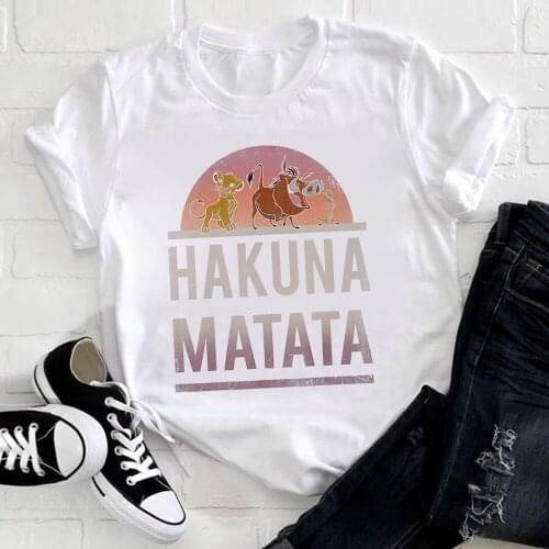 Disney Womens Fashion Harajuku Lion King Simba Timon Pumbaa Print HAKUNA MATATA T-shirt Cartoon Casual Girl Streetwear Top