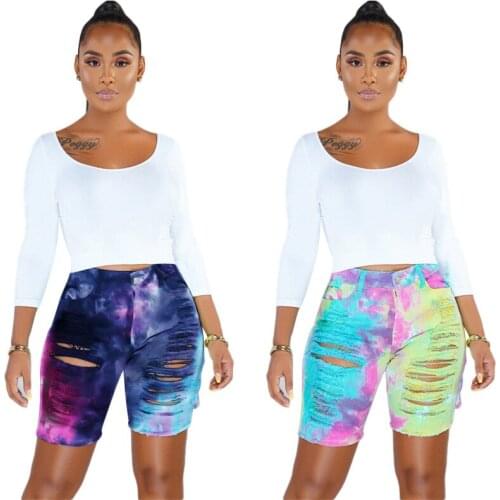 European and American Summer Fashion Net Red Sexy Womens High-Waist Tie-Dye Buttons Ripped Denim Pants