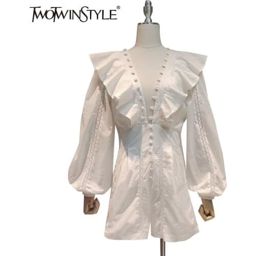 TWOTWINSTYLE Casual Patchwork Ruffle Jumpsuit For Women V Neck Long Sleeve High Waist White Jumpsuits Female Fashion New 2021