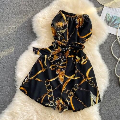 Moda mujer 2021 Cute Tube top Romper Women Summer Golden Chain Floral Print Jumpsuit Playsuit Sweet Outfits combinaison femme