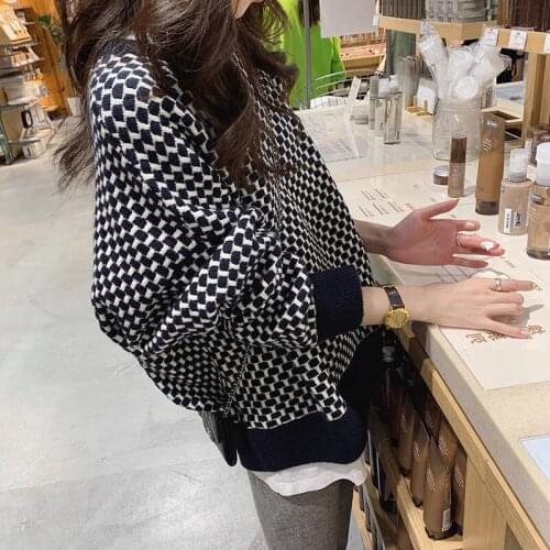 2021 Women Autumn Winter New O-neck Knitted Pullover Tops Female Loose Plaid Sweater Tops Ladies Warm Long Sleeve Jumpers R610