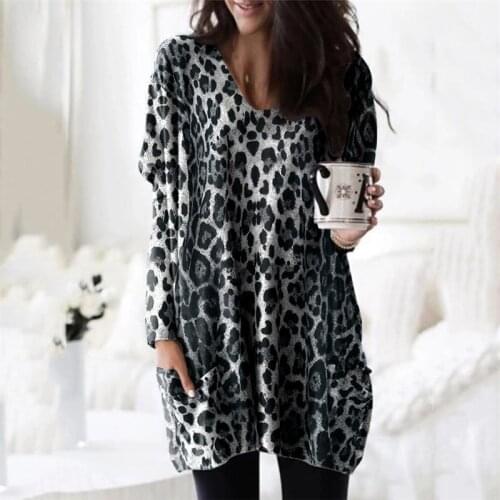 S-5XL Plus Size Women Spring Autumn Pocket Long Tops O-neck Long Sleeve Leopard Print Loose Casual Dress Ladies Clothing