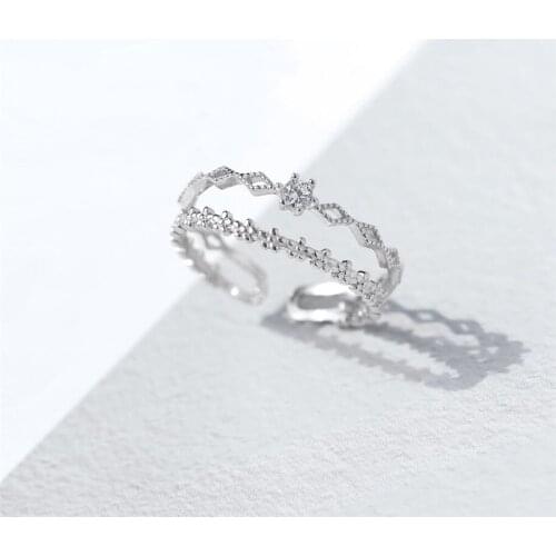 Sole Memory Double Layer Cool Cute Zircon Geometry 925 Sterling Silver Female Resizable Opening Rings SRI559