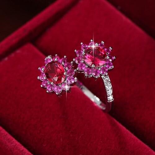 Charm Female Rose Red Crystal Thin Ring Luxury Silver Color Open Wedding Rings For Women Vintage Flower Zircon Engagement Ring