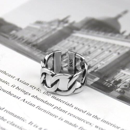 Morivovog 925 Sterling Silver Weave Wide Chain Rings Elegant Minimalist Korea Open Rings for Women Temperament Office Jewelry