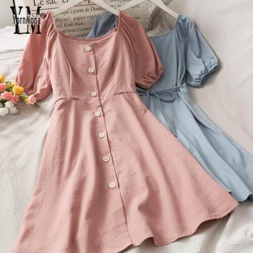 YornMona Elegant Button Women Dress Solid Puff Sleeve Pink Knee-length Dress Summer Casual Slim Waist Female Dress Vestidos