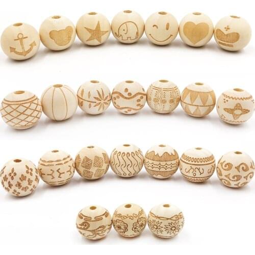 20pc 18-20mm Natural Wooden Beads Animal Elephant Smiling Face Heart Star Diy Pacifier Clip Wood Qrganic Toys Bead
