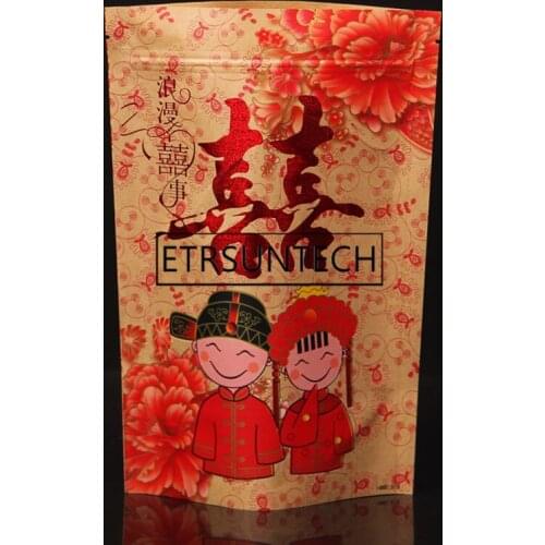 500pcs Stand Kraft Paper Gift Packaging Bag With Zipper Traditional Chinese Double Happiness Candy Bag