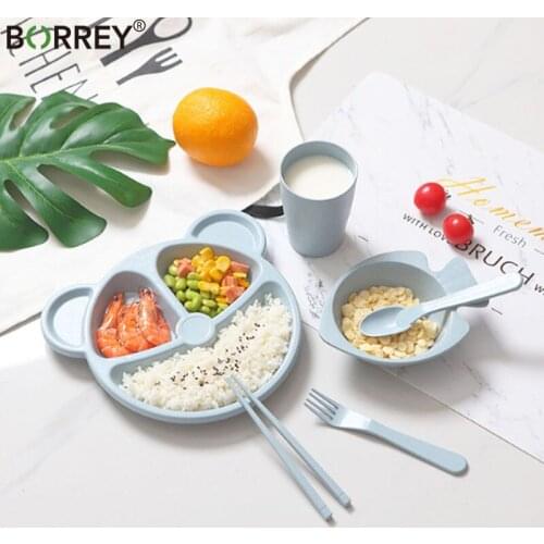 BORREY 6Pcs/Set Cartoon Kids Tableware Childrens Divided Plate Wheat Straw Cup Bowl Food Serving Plate Plastic Cute Pink Plates