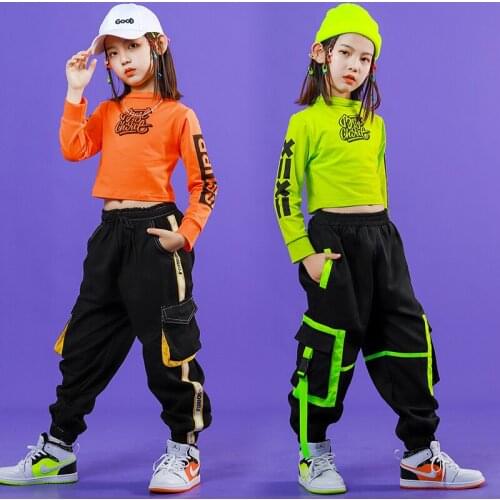Kids Hip Hop Clothing Girls Tops Orange/Green Sweatshirt Hip Hop Pants Jazz Practice Clothes Modern Rave Stage Costume BL5355