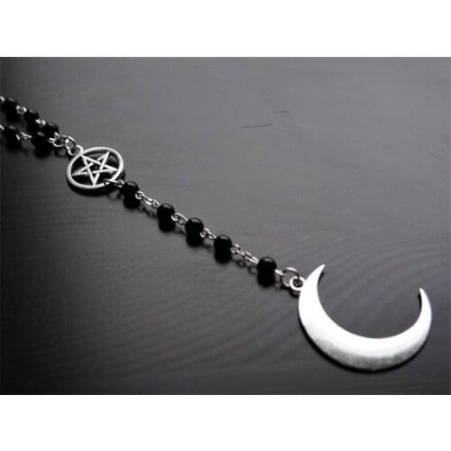 Long Gothic Crescent Moon Pentagram Necklace.Spirit Moon Rosary Necklace Wicca Pagan Rosary Black Beads Charm Jewelry
