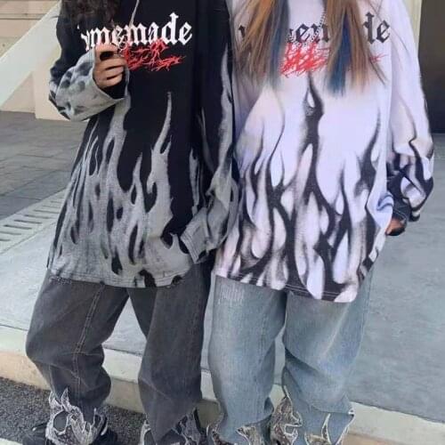 Cool Flame T Shirt Loose Punk Couple T Shirt Harajuku Summer Tops Tees Spring Long Sleeve High Street Loose Japan T-Shirt Male