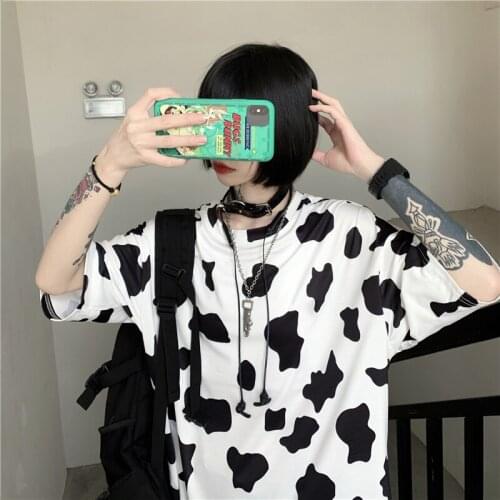 Oversized Women Top T-shirt Round Collar Summer Cartoon 2021 New Half Loose Sleeve Print Casual Simple Wild Harajuku T-Shirt