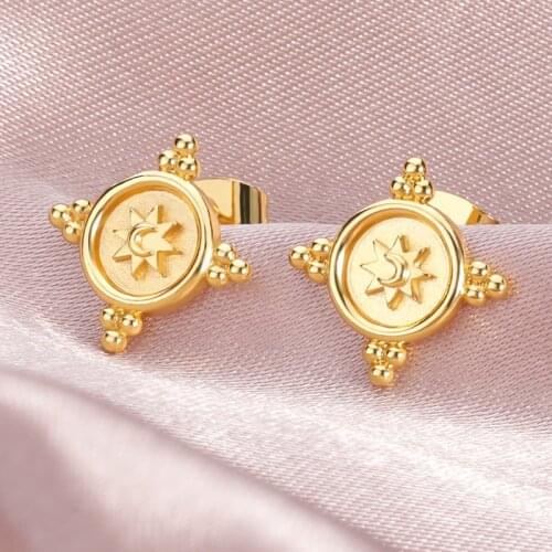 Stainless Steel Boho Disc Round Star Moon Stud Earrings For Women Korean Minimalist Earrings Vintage Fashion Jewelry Accessories