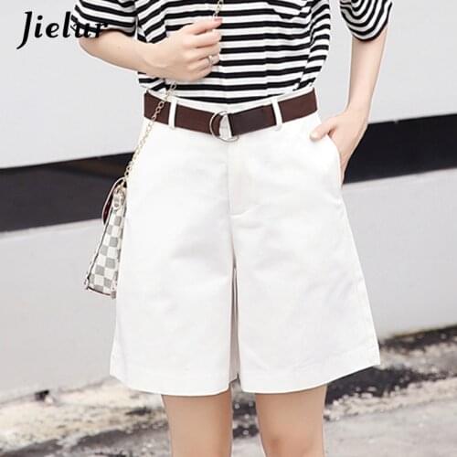 Jielur Korean Fashion Casual Summer Shorts Women Loose Wide Leg Pantalon Femme Belt Green White High Waist Shorts Female S-XXL