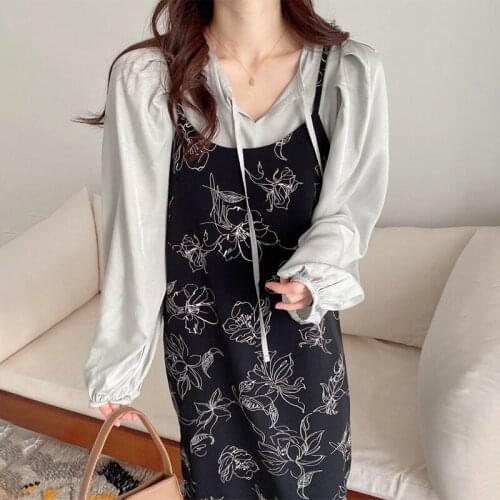 Two Piece Set Female Puff Sleeve Ruffle Blouse Knitting Lace Up Black Printed Dress Korean Womens Dress Suit