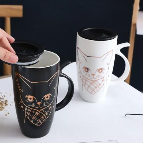 Korean Style Cute Cartoon Mug with Lid 580ml Big Capacity Cute Black and White Cat Ins Ceramic Cup Student Milk Water Coffe Cup