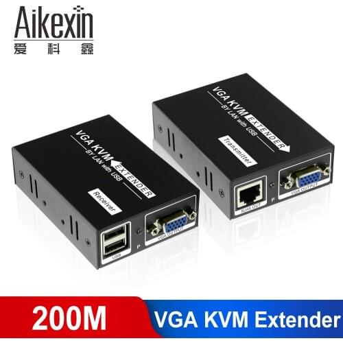 Aikexin VGA KVM Extender 200M,656ft USB VGA KVM Extender by CAT5e/6 LAN Cable Support PS/2 Keyboard and Mouse USB Extender