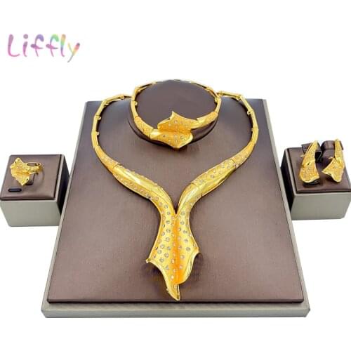 Liffly Indian Elegant Women Big Necklace Bracelet Wedding Gold Earrings Ring Luxury Jewelry Bridal Fashion Jewelry Sets