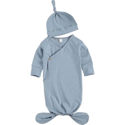 Newborn Babys Solid Sleepling Bag Set, Long Sleeve Romper Nightgowns with Hat, Baby Coming Home Outfit