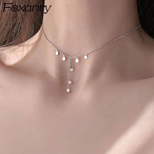 Foxanry 925 Sterling Silver Tassel Necklace Charm Clavicle Chain Bride Jewelry for Women Elegant Wedding Party Jewelry Gifts