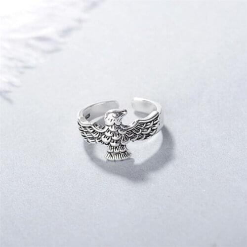 Season Gate 925 Sterling Silver Personality Punk Trendy Animal Eagle Feather Adjustable Size Open Ring SR194