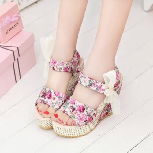 Floral Sandals Womens Summer Korean Version Thin Bow Super High Heel Fish Mouth Shoes Thick Sole Slope Heel Muffin Shoes