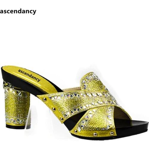 Yellow Color Shoe African Wedding Shoes High Quality Fashion Elegant Italian Women Shoe with Stone High Heels Summer Women Pumps