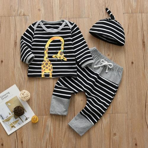 Spring Autumn Baby Boy Girl Clothing Set Cotton Tops+Elastic Pants+Hat 3PCS Giraffe Print Stripe Outfits Comfy Baby Clothes