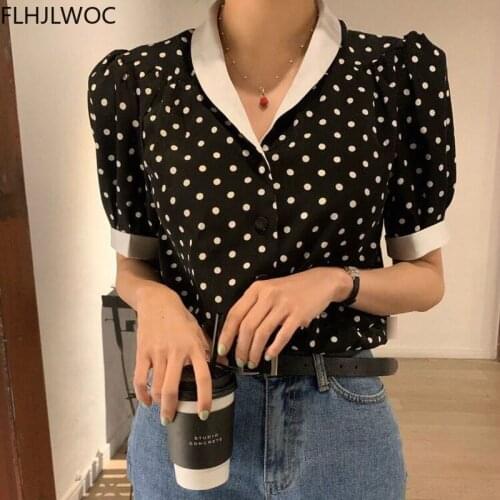 Cute Korea Chic Summer Elegant Retro Black Single-breasted Puff Sleeve Polka-Dot Shirts Tops Women