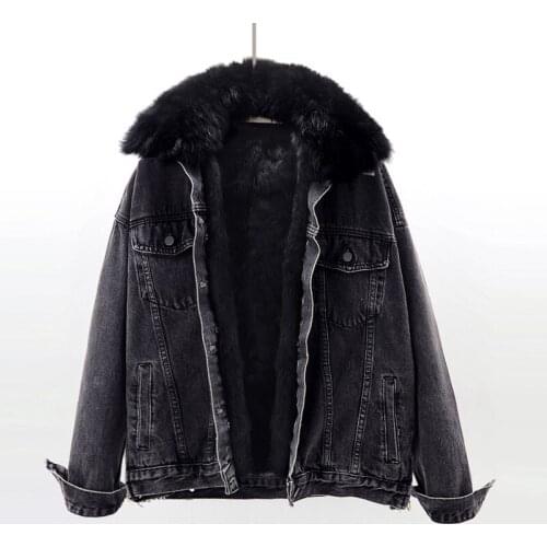Winter Denim Jacket Fox Fur Collar Natural Women Removable Rabbit lined Loose Plus Velvet Warm Jeans Coat Ladies Parkas H1098