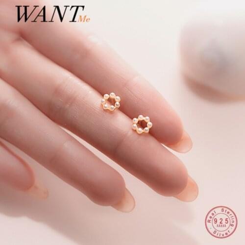 WANTME 925 Sterling Silver Trendy Simply Korean Round Pearl Mini Small Stud Earrings for Women Kids Chic Romantic Jewelry Gift