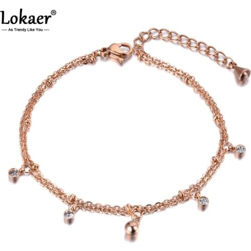 Lokaer CZ Crystal Charm Double Layers Women Bracelet Bangle Stainless Steel Snake Link Chain Bohemia Summer Beach Jewelry B19024