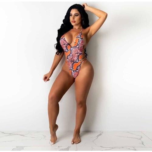 Serpentine Snake Print Sexy Beach Bodysuit Women Sexy Spaghetti Strap Backless Skinny Romper Summer Bohemian Swimwear Overalls