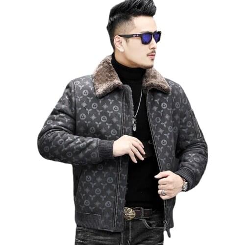 Winter Shearling Printed Genuine Leather Jacket Men Warm Real Fur Sheepskin Coat Thicken Wool Liner Outerwear