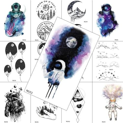 Watercolor Space Man Temporary Tattoos Kids Astronaut Sticker Moon Fake Washable Tattoo For Men Women Arm Body Art Tatoos