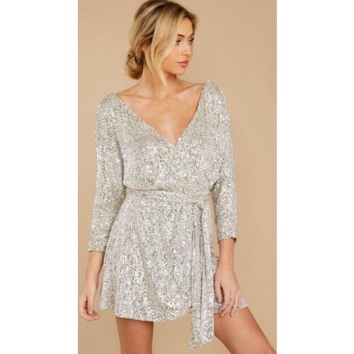 BE HYGGE Shining Sequined Prose Silver Wrap Dress Women Sexy Club Evening Party Wear Dress Nine-Poin Sleeve Female Short Dresses