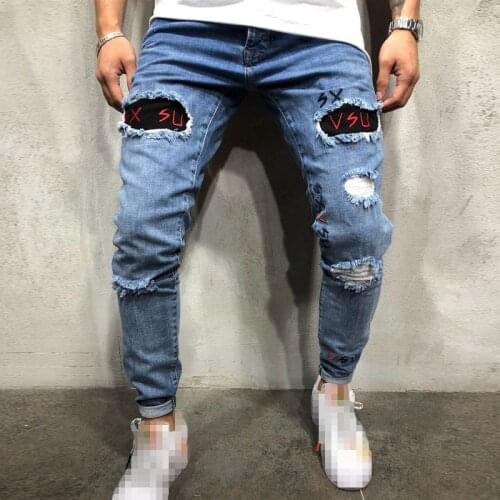 Men Jeans Fashion Letter Embroidery Stretch Destroyed Frayed Denim Pants Male Casual Skinny Blue Ripped Jeans Pantalones