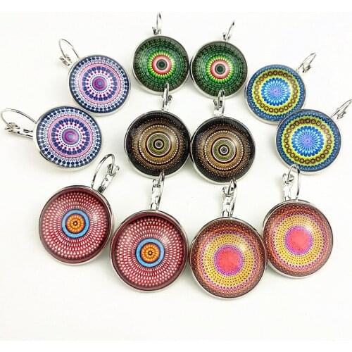Jiangzimei 24pairs mix 12 styles Mandala Indian Buddhism Retro French ear hook, black wood Glass earrings,dangler wholesale
