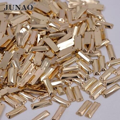 JUNAO 200pcs 7*21mm Sewing Gold Rhinestones Flatback Acrylic Gems Sew On Fancy Rectangle Crystal Stones For DIY Clothes Crafts