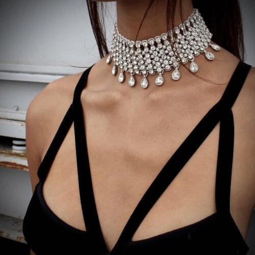 Luxury Multi Layered Crystal Choker Necklace Gold Silvery Big Bib Large Collar Statement Necklace Boho Ethnic Chokers Necklaces