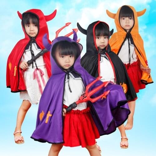 Little Devil with Horns Costume Cape Cloak for Kids Child Halloween Christmas Party Carnaval Cosplay Boy Girl Dress Suit