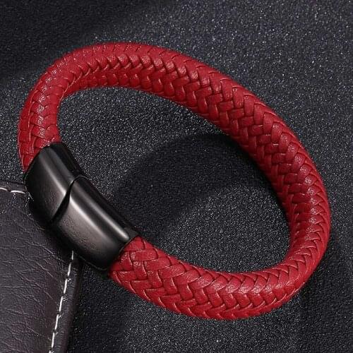 Red Leather Braided Bracelet Bangles Fashion Men Charm Bracelets 3 Colors Magnetic Buckle Male Wrist Band Jewelry Gifts ST0015
